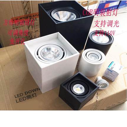 明装筒灯方形led射灯天花格栅豆斗胆灯吸顶cob聚光灯客厅调光110