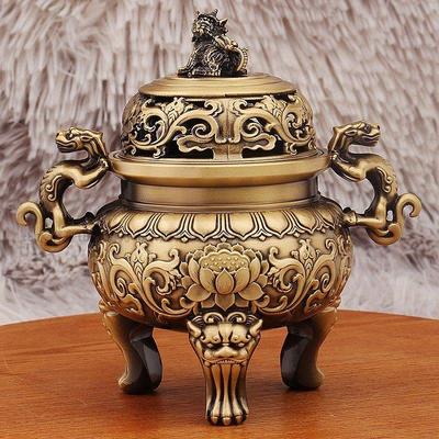 纯铜香炉家用香薰炉带盖狻猊三足香炉黄铜室内鼎炉仿古做旧檀香炉