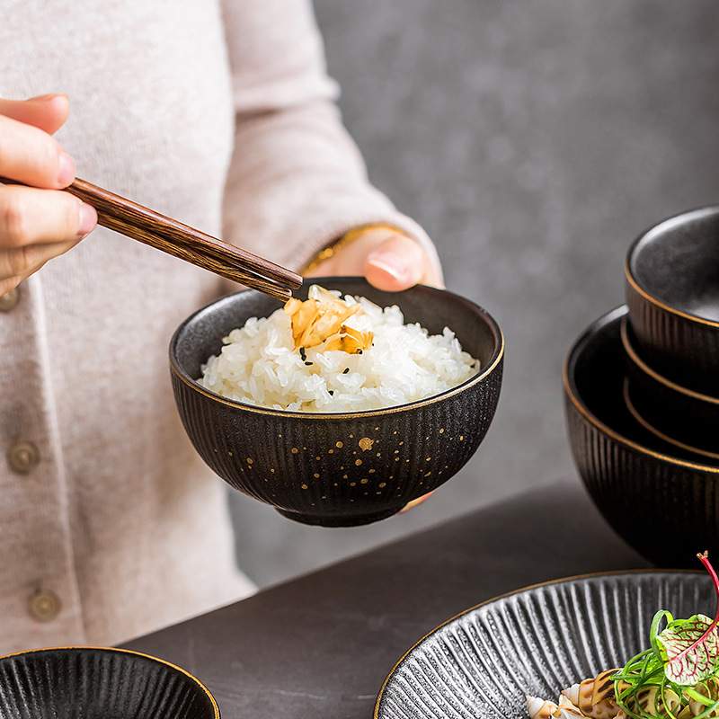 陶瓷家用日式餐具套装碗黑色碗具深盘味碟面碗杯子圆盘黑金轻奢