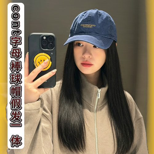 简约字母棒球帽假发一体女长直发四季大头围宽檐百搭鸭舌帽cont