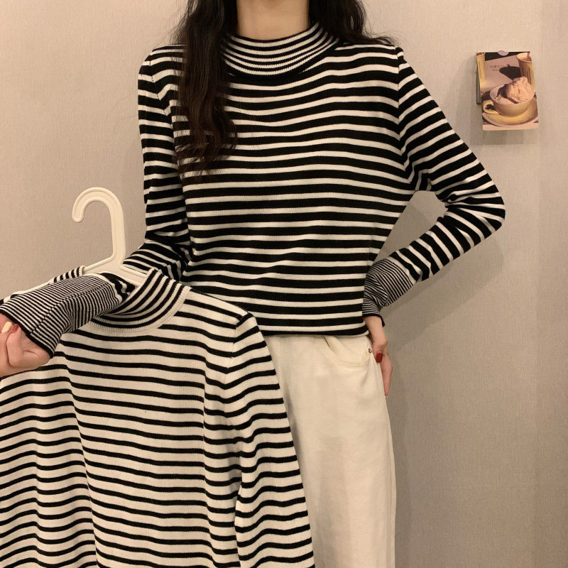 半高领毛衣女2021秋冬新款修身A打底衫洋气内搭黑白条纹上衣针织