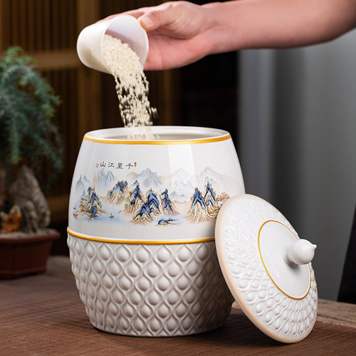 新品包邮陶瓷米缸带l盖10斤厨房收纳大米面粉景德镇米桶家用防潮