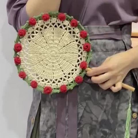 diy玫瑰花毯子变团扇新中式玫瑰团扇钩织国风团扇材料包钩针毛线