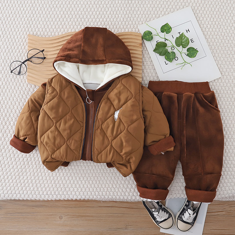 男童套装2025新款冬季加绒加厚卫衣棉服马甲三件套宝宝洋气马夹潮