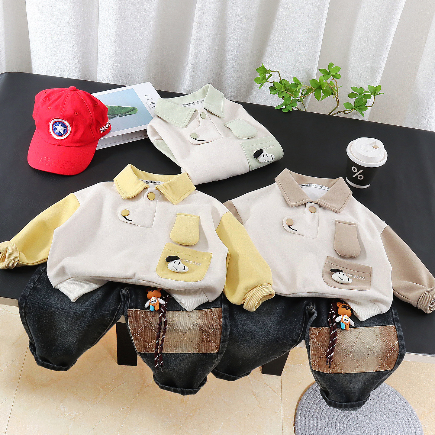 男童春秋休闲翻领POLO衫两件套装宝宝卡通可爱风痞帅气时髦卫衣潮