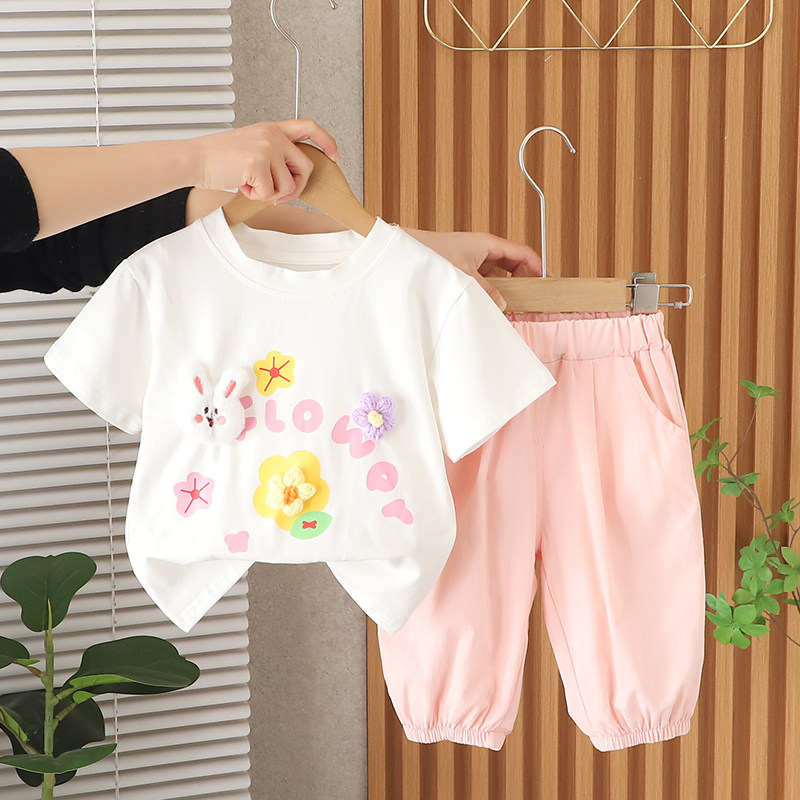 女童夏季薄款两件套装 2026新款婴儿洋气圆领T恤短袖宝宝衣服小孩