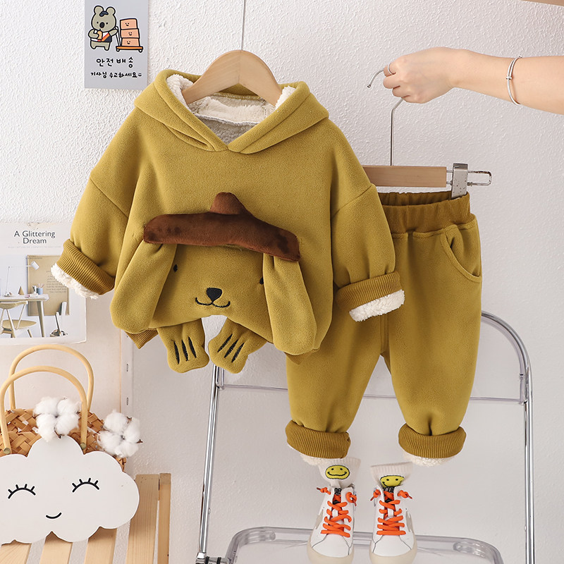 男童套装2025新款冬季加绒加厚连帽卫衣服洋气婴儿小宝宝两件套潮
