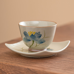 彩墨荷花品茗杯碟家用主人杯单杯中式功夫茶具陶瓷喝茶杯子小茶盏