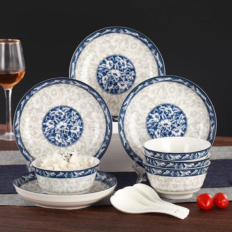 清菡青花瓷2-4人家用碗盘套装创意网红陶瓷饭碗菜盘面碗