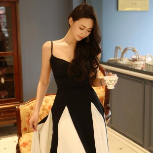 summer rose黑白撞色礼服裙Younger Lady连衣裙收腰显瘦吊带长裙