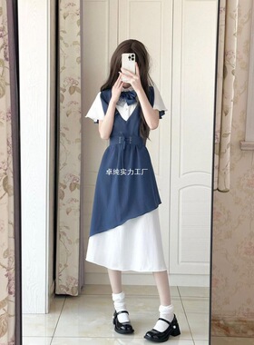 夏上新大码设计感学院风JK服连衣裙女胖mm遮肚显瘦减龄假两件女装