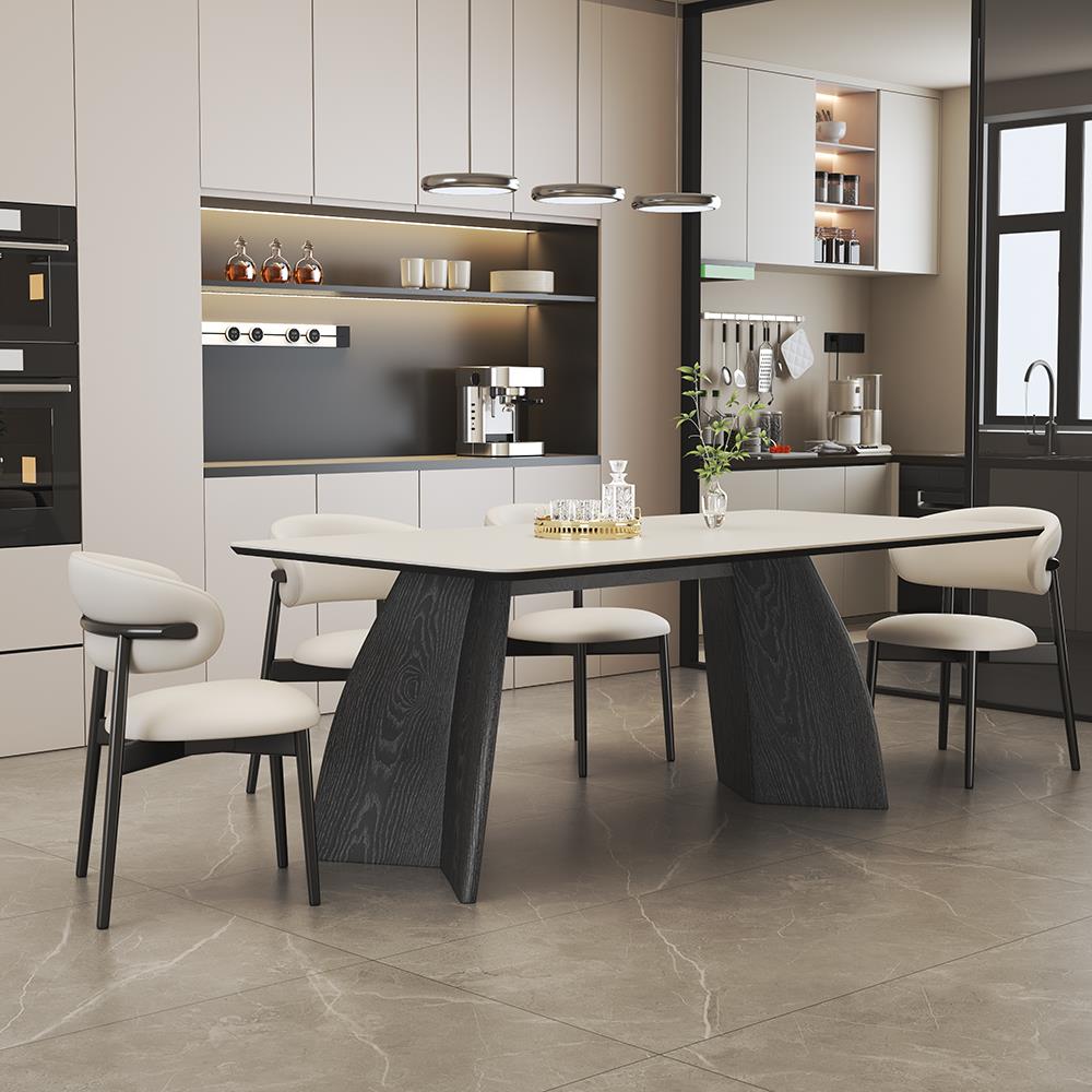 实木小户型意式极简纯白岩板长方形餐桌椅组合家用现代简约饭桌子