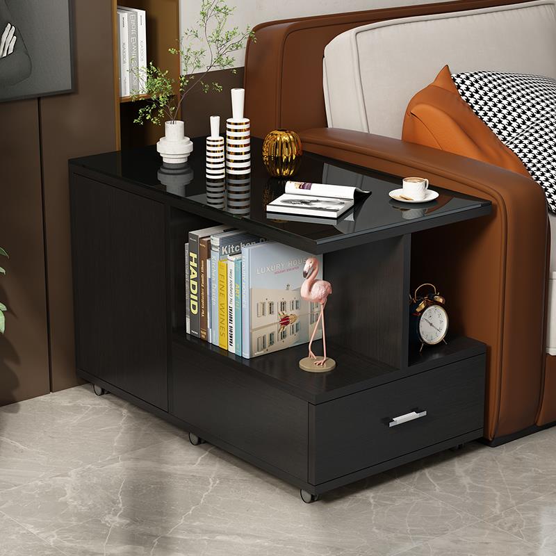 厂家直销特价简约客厅沙发扶手边几带轮 可移动边柜 钢化玻璃桌面