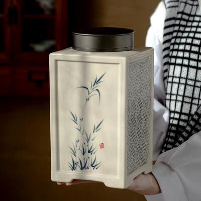 四方窗花茶叶罐大号密封罐陶瓷储物罐家用普洱收纳罐合金盖醒茶仓