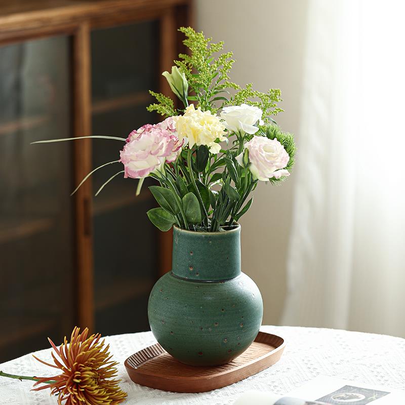 陶美集景德镇手工陶瓷花瓶粗陶覆古绿球形瓶居家覆古怀旧水培花瓶