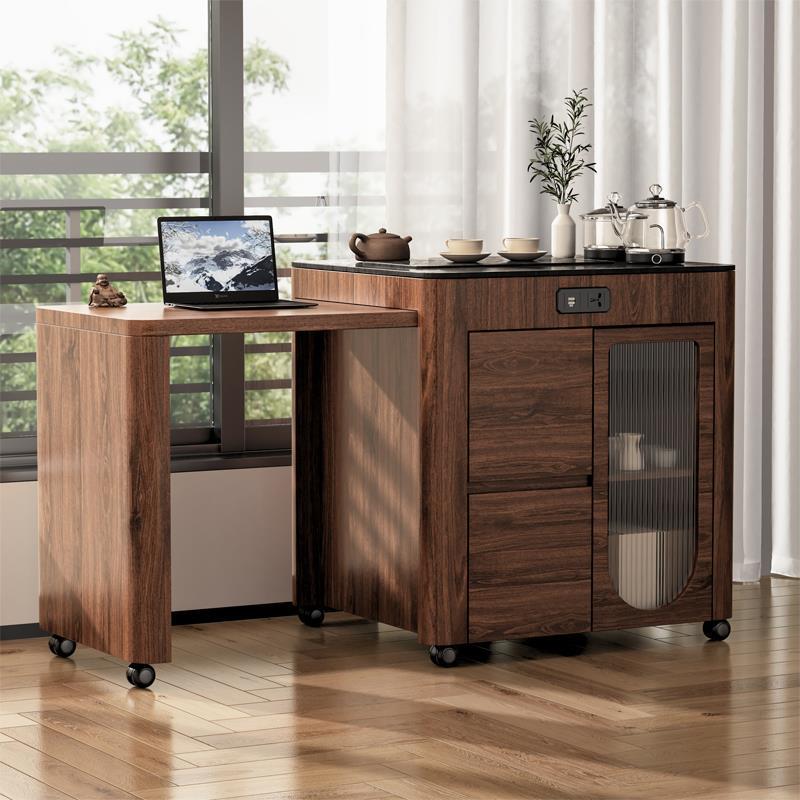 南美黑胡桃新中式茶桌可移动实木阳台柜茶台茶车伸缩功夫茶几家用