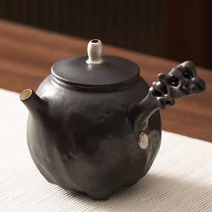 铁锈釉功夫茶具泡茶壶带手柄防烫家用陶瓷侧把壶高档手工鎏银单壶