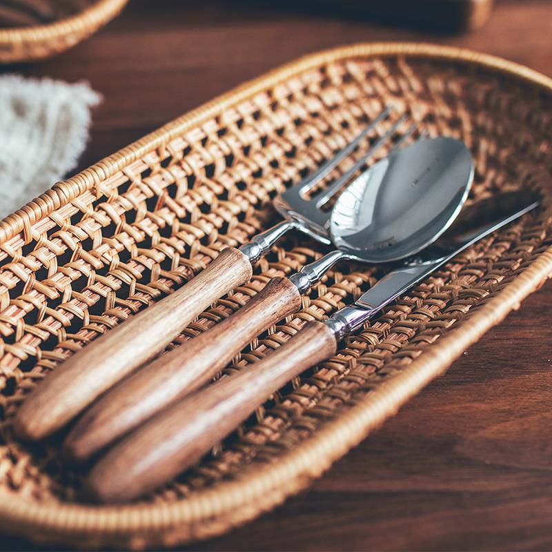 楼兰木柄不锈钢餐具西餐高端牛排水果刀叉勺三件套装便携创意礼品
