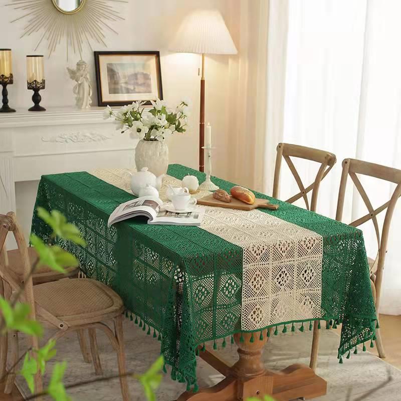 包邮米绿撞色拼接棉线钩花桌布镂空台布茶几布边柜电视柜钢琴盖布
