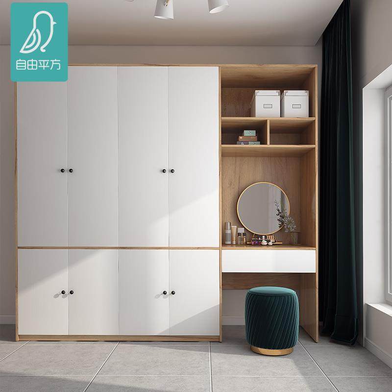 轻奢实木衣柜家用卧室多功能简约平开门定制组合四门衣柜带梳妆台