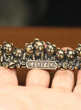 实心黄铜生肖招财猪应有尽有九只小猪复古摆件书房镇纸压尺毛笔搁