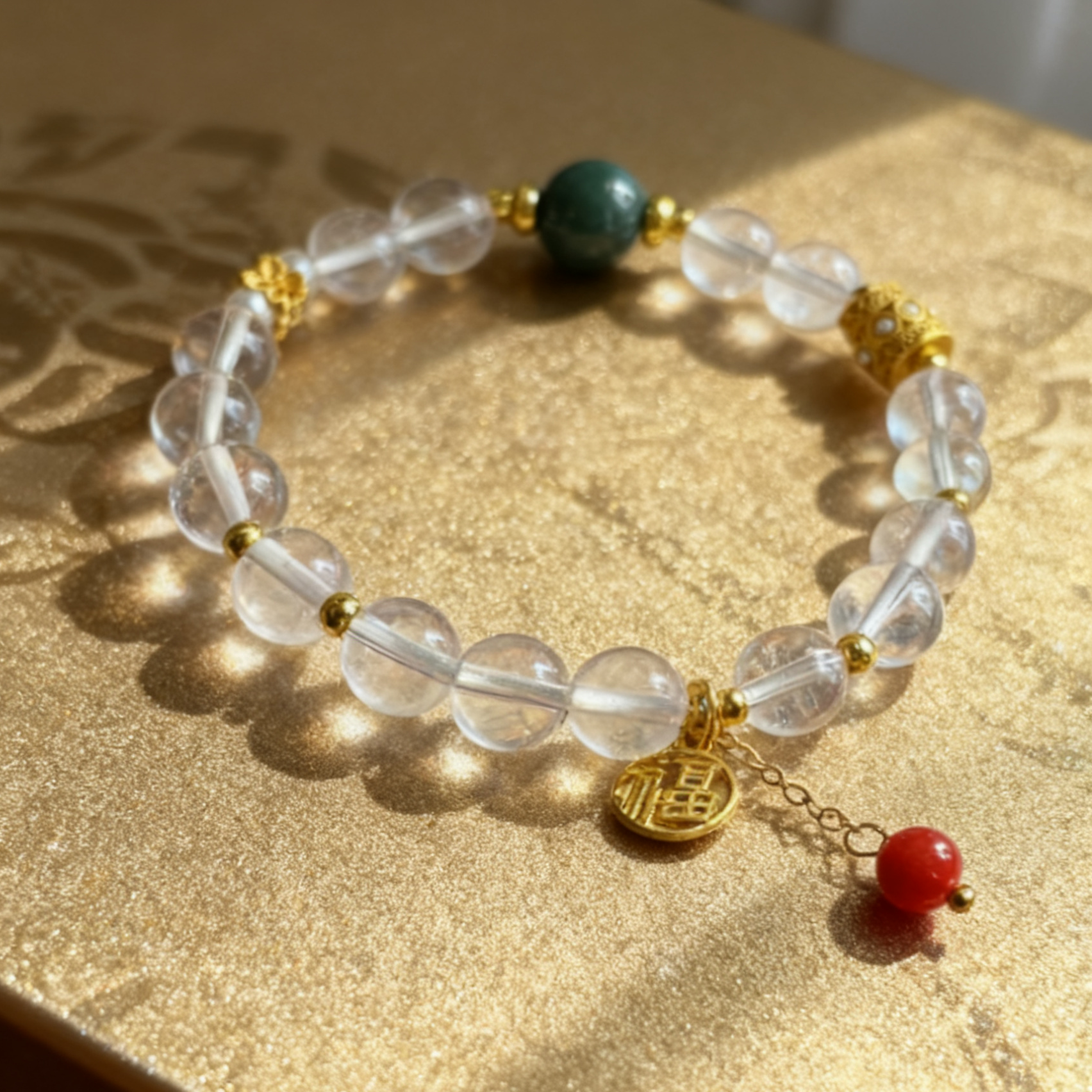 普陀山官方天然水晶手链女款轻奢小众福字吊坠金色配珠高级感手串