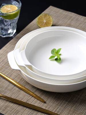 7英寸双耳盘子陶瓷圆形汤盘深盘日式餐盘家用菜盘焗饭烤盘沙拉盘