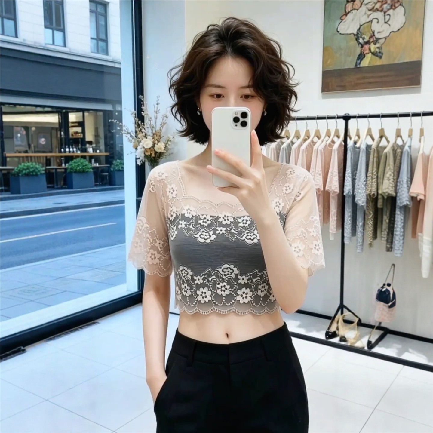 蕾丝打底衫薄纱叠穿内搭网纱上衣女士时尚洋气短袖无袖遮手臂神器