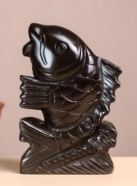 天然黑曜石黑墨玉鲤鱼跃龙门鲤鱼跳龙门摆件年年有鱼家居装饰品