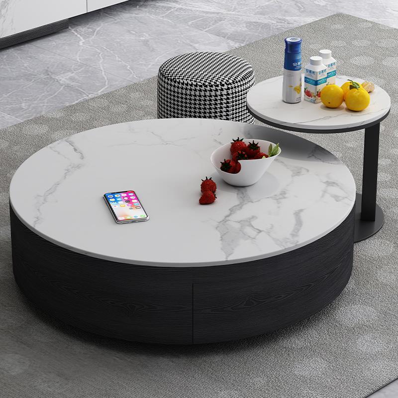 岩板伸缩茶几电视柜组合 现代简约小户型客厅圆形茶几伸缩组合