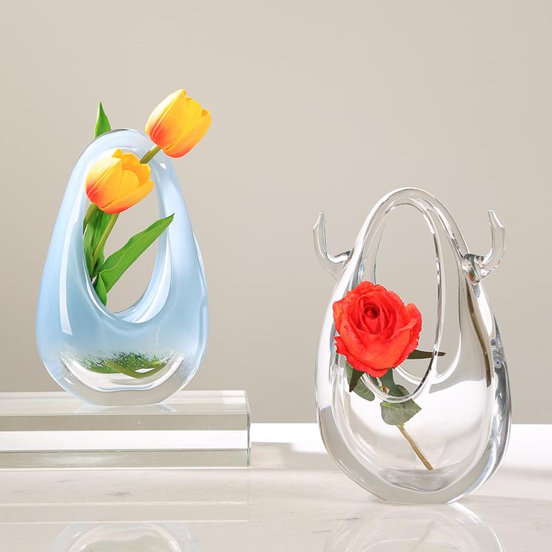 现代轻奢琉璃手提篮花瓶摆件艺术客厅样板间茶几酒店插花花器装饰