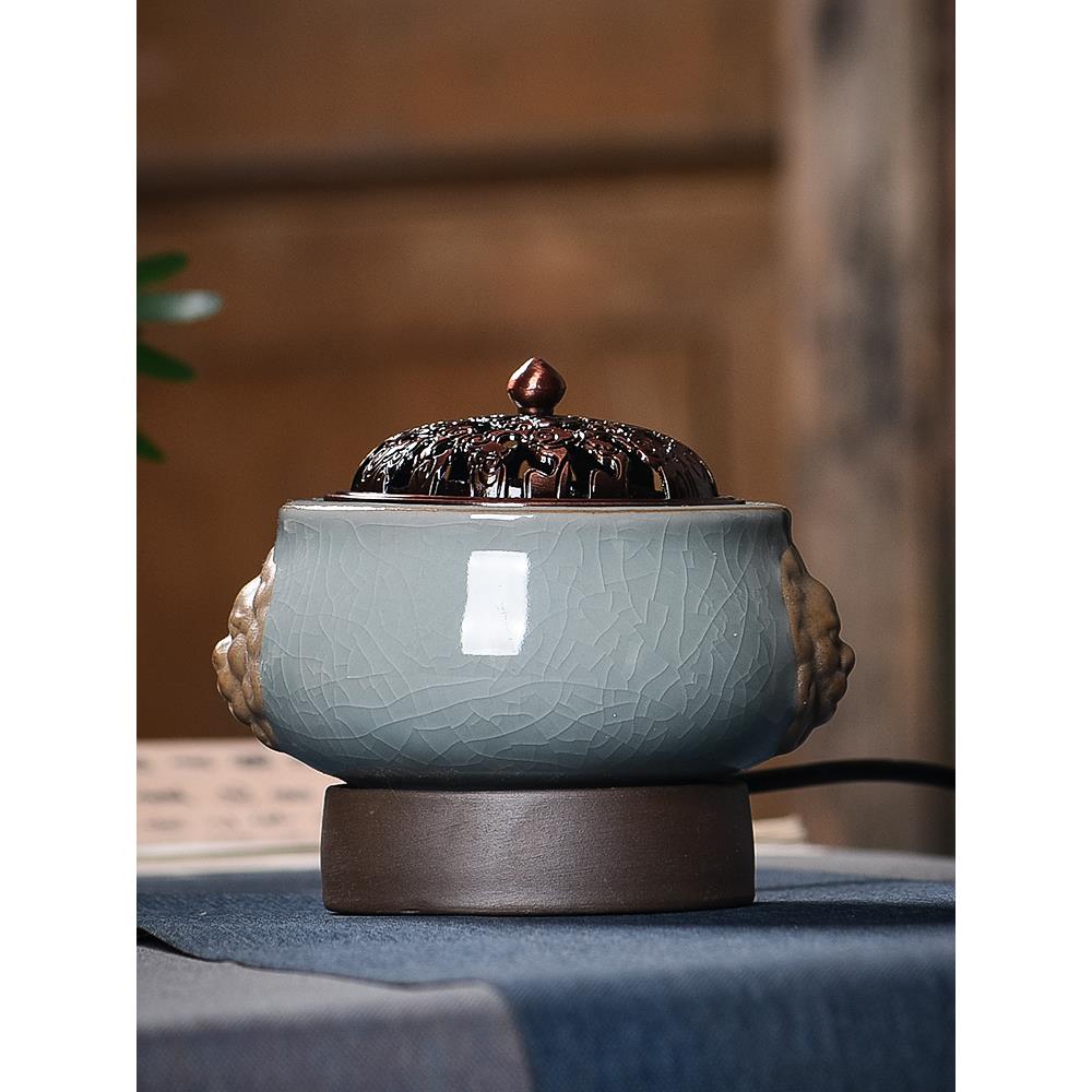 陶瓷电子香炉定时调温家用室内沉香檀香青瓷双耳狮子头插电熏香炉