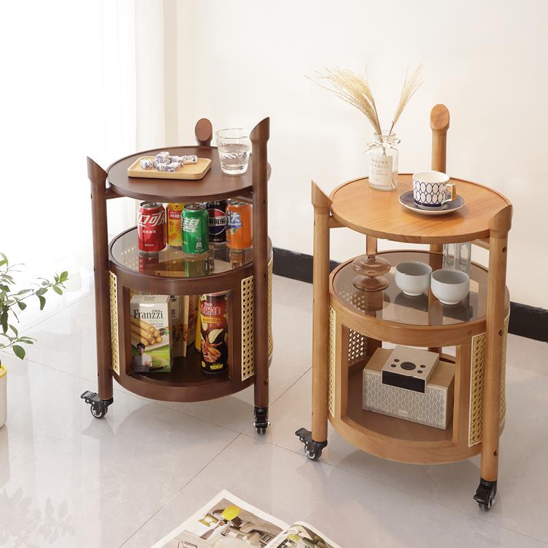 实木藤编收纳小推车客厅家用茶几可移动圆形置物柜北欧风沙发边几