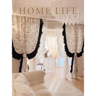 定制全遮光窗帘法式复古卧室客厅拼接棉麻印花布飘窗房间落地窗纱