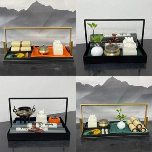 新中式样板房间客厅茶几摆件提盒软装饰品金属提篮托盘铁艺摆件