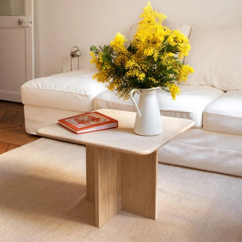 天然洞石侘寂风小户型茶几设计师款咖啡桌客厅轻奢高级感沙发边桌