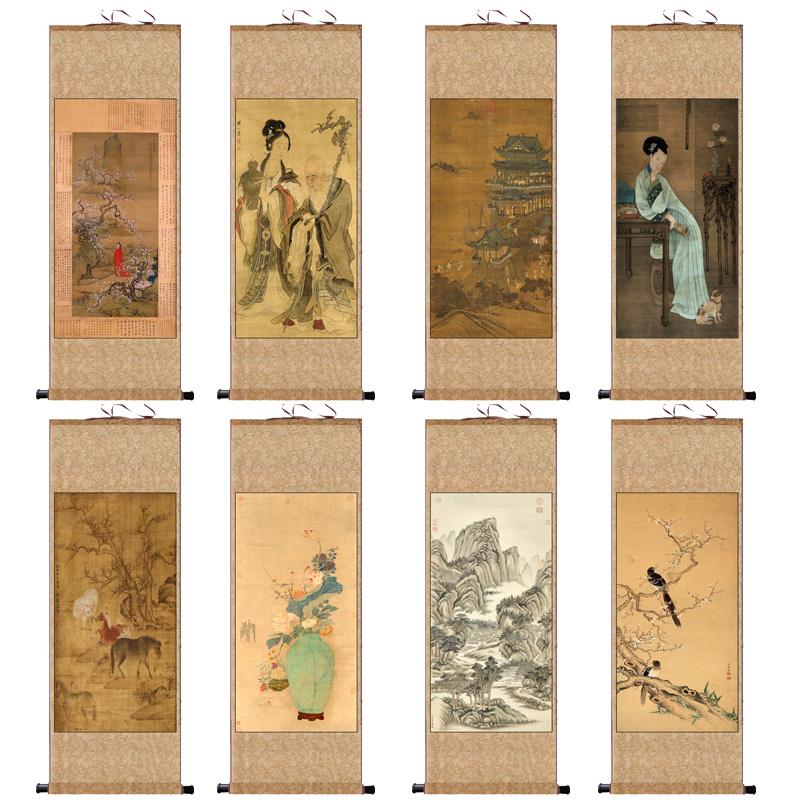 麻姑献寿白描新款图清代字画春山游骑图仿古名家人物画丝绸卷轴