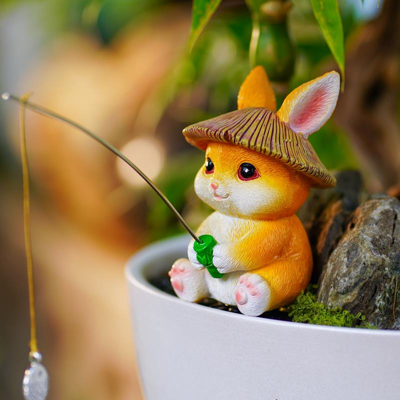 可爱兔子钓鱼玻璃鱼缸乌龟缸水族箱装饰流水鱼池假山花园造景摆件