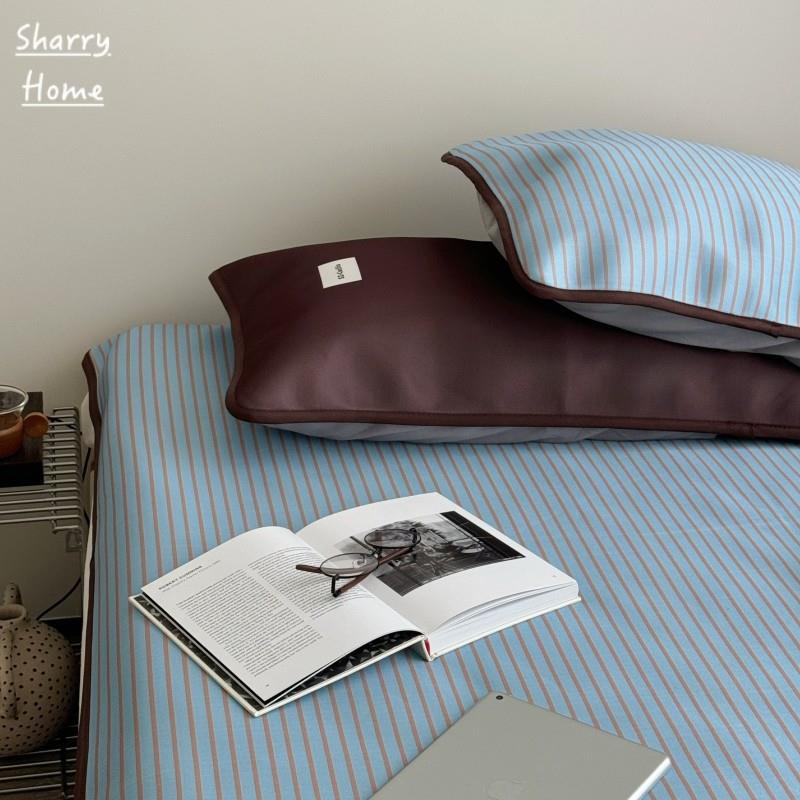 日系ins风蓝色条纹冰丝绑带凉感席三件套可折叠水洗夏季床上用品