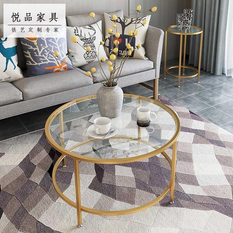 北欧金色铁艺茶几圆形创意钢化玻璃简约客厅小户型边几工作室茶桌