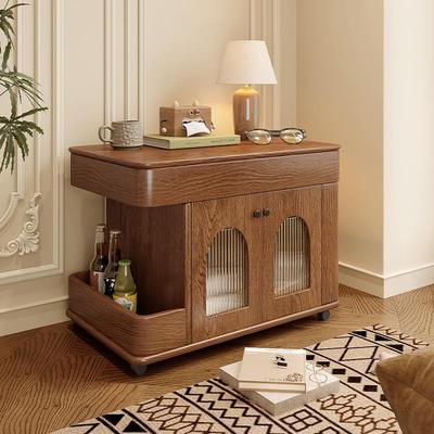 覆古全实木可移动边几客厅小茶几茶桌升降小推车家用储物沙发边柜