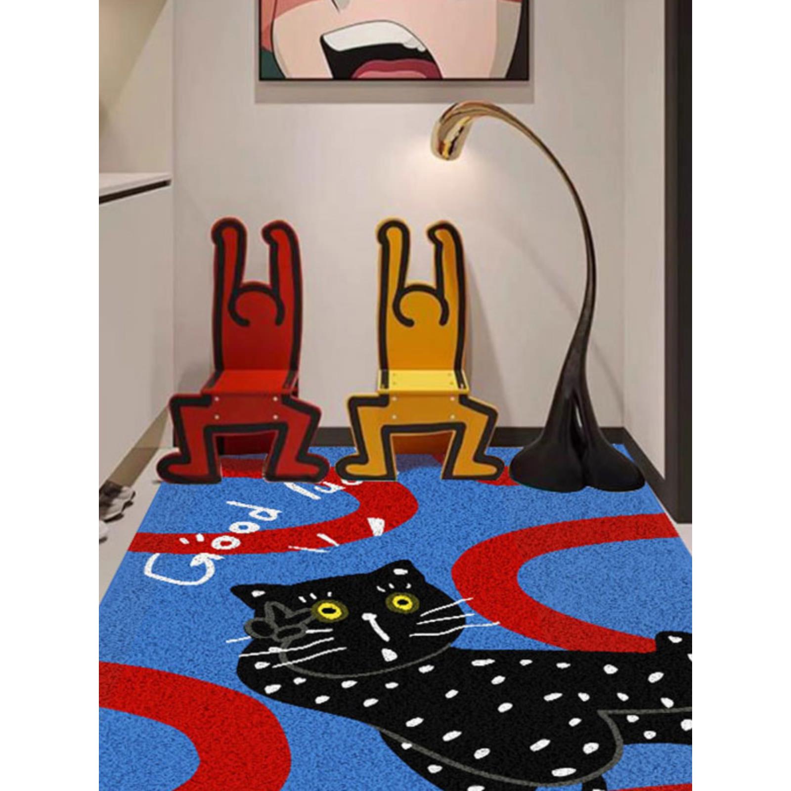 入户门地垫蓝色黑猫门口丝圈地垫进门垫门外蹭土防滑脚垫家用地毯