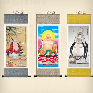 弥勒佛画像卷轴画弥勒欢喜图丝绸画大肚布袋笑佛挂画办公室装饰画