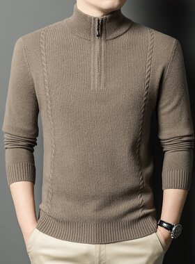 2024年秋冬加厚男装100羊毛长袖半高拉链时尚都市宽松型套头羊毛