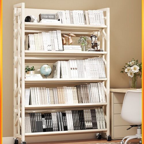 钢制书架落地置物架家用可移动铁艺架子一体靠墙学生书桌收纳整理