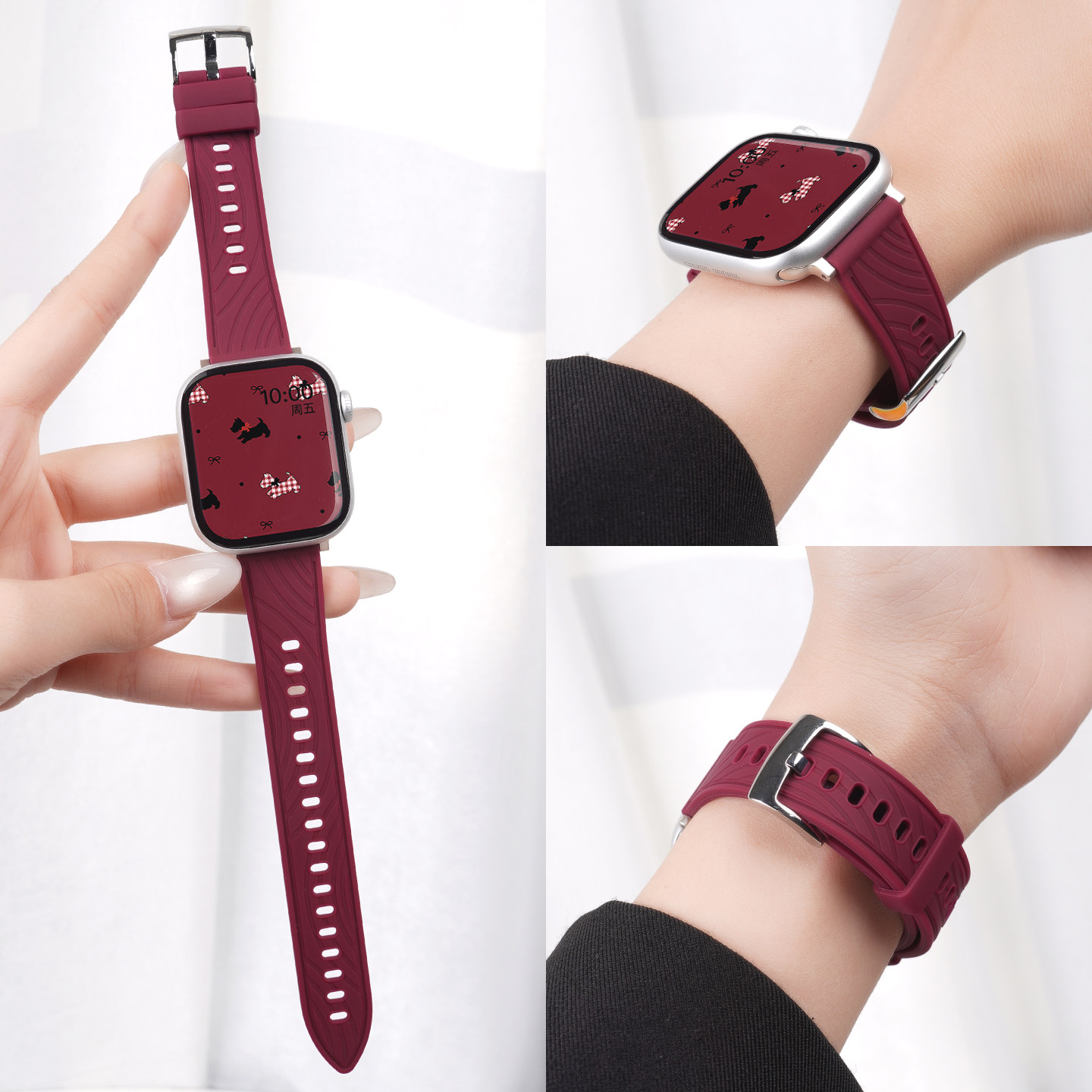 新款适用苹果S11手表iwatch10表带女款applewatch9红色叶脉纹液态硅胶S10秋冬高级质感S8腕带SE智能运动Ultra