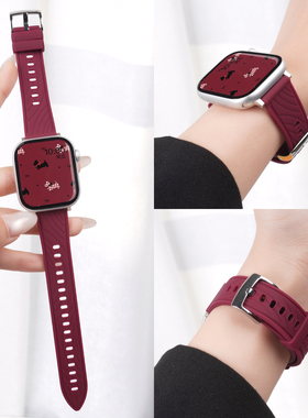 新款适用苹果S11手表iwatch10表带女款applewatch9红色叶脉纹液态硅胶S10秋冬高级质感S8腕带SE智能运动Ultra