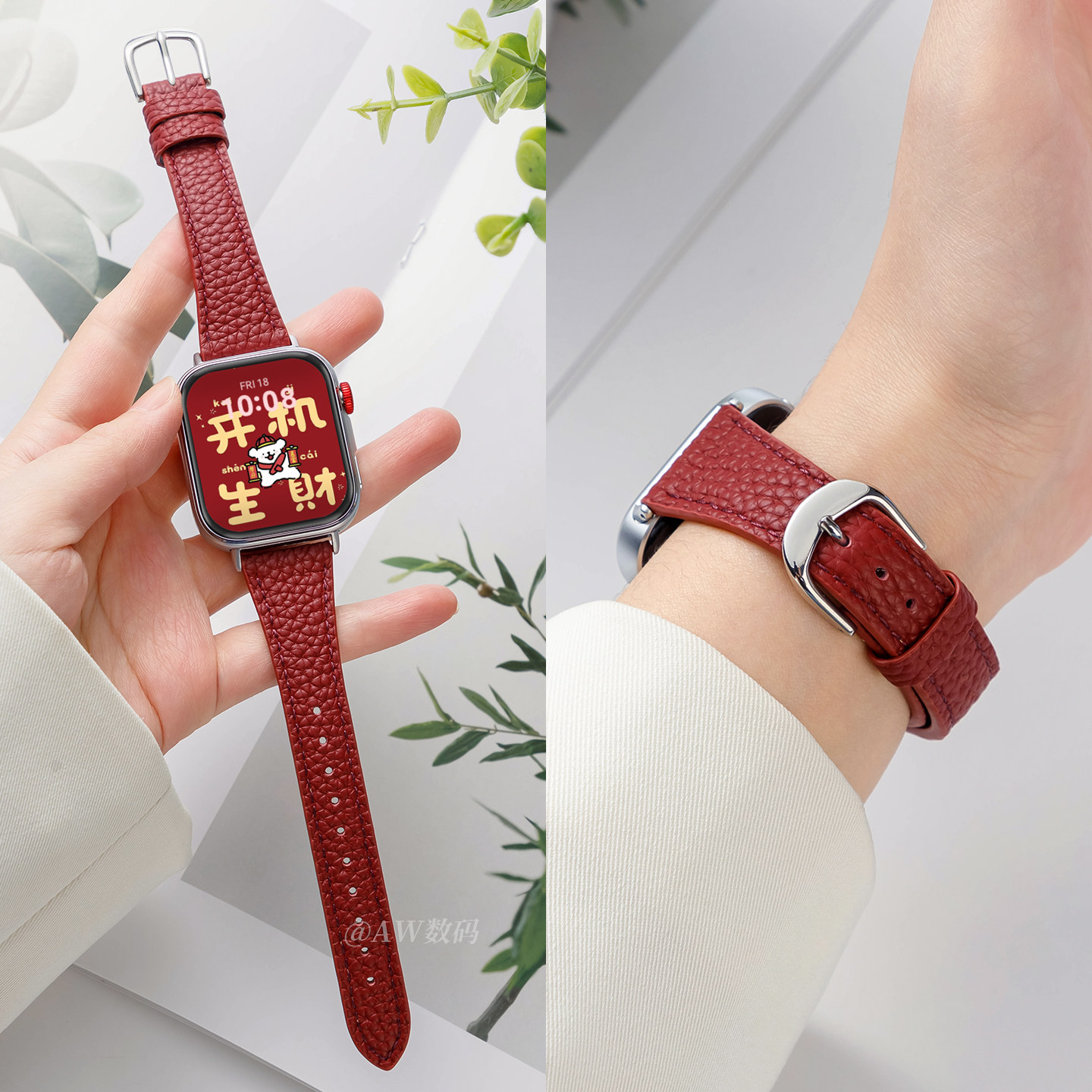新款适用vivowatchgt2表带iqoo手表watchgt小蛮腰女款vivo3荔枝纹真皮腕带vivowatch5/3/2高级红色运动替换带