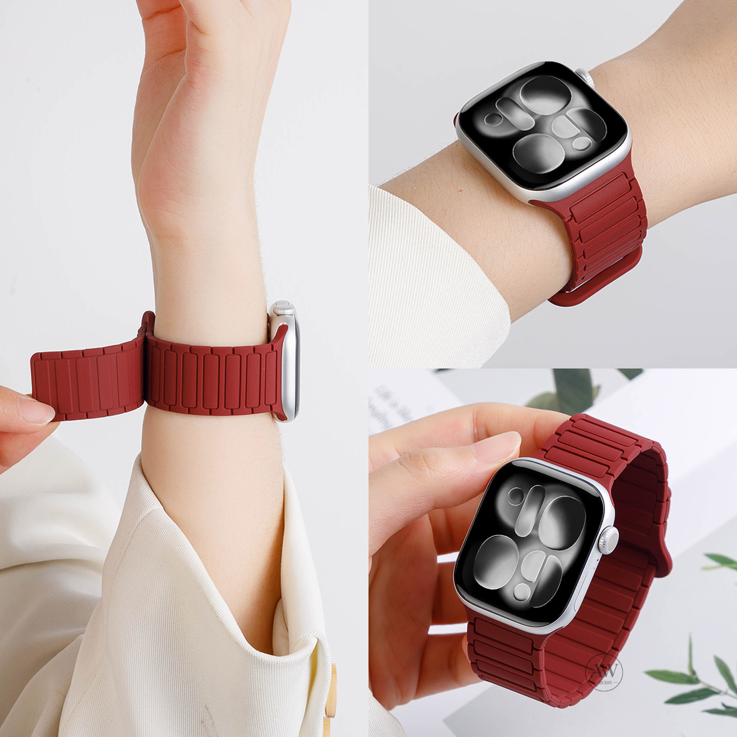 适用苹果S11手表带iwatch10手表applewatch11新品酒红色S10女款专用磁吸硅胶S9高级腕带Ultra3男士SE运动夏天