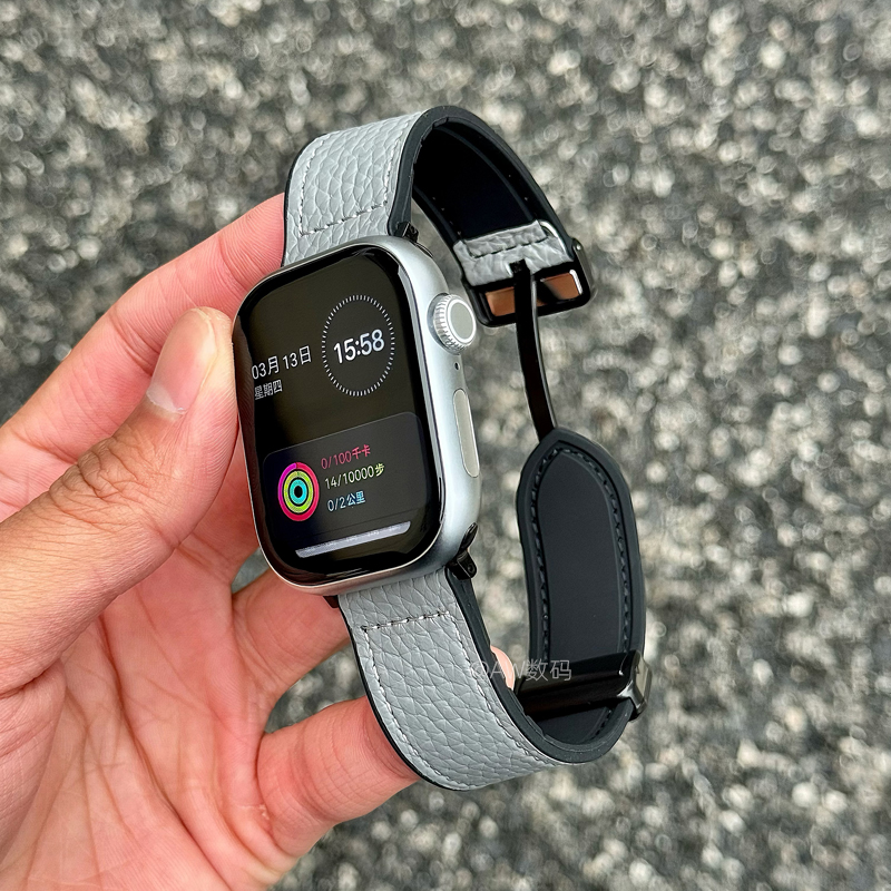 AW适用苹果手表S10表带男款S9/S8新款荔枝纹真皮表带apple watch9夏天运动iwatch ultra手表SE磁吸扣硅胶表带